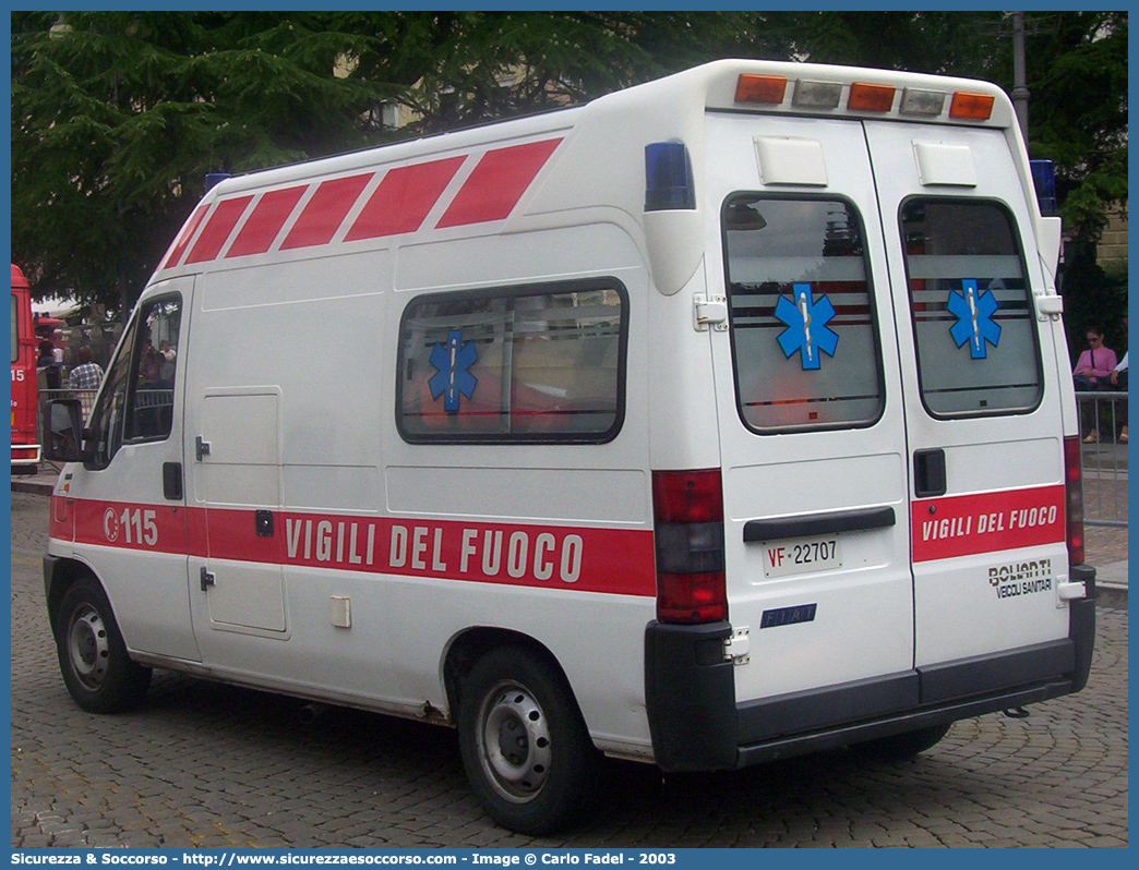 VF 22707
Corpo Nazionale Vigili del Fuoco
Servizio Sanitario
Fiat Ducato II serie
Allestitore Bollanti S.r.l.
Parole chiave: Corpo;Nazionale;Vigili del Fuoco;Vigili;Fuoco;Fiat;Ducato;Bollanti;Servizio Sanitario;Ambulanza