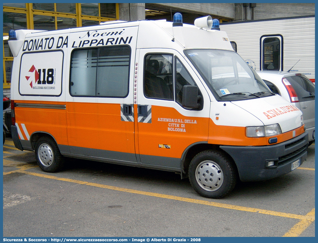 BO 2724
118 Bologna Soccorso
Fiat Ducato II serie
Allestitore Boneschi S.r.l.
Parole chiave: 118;Bologna;Soccorso;Ambulanza;Fiat;Ducato