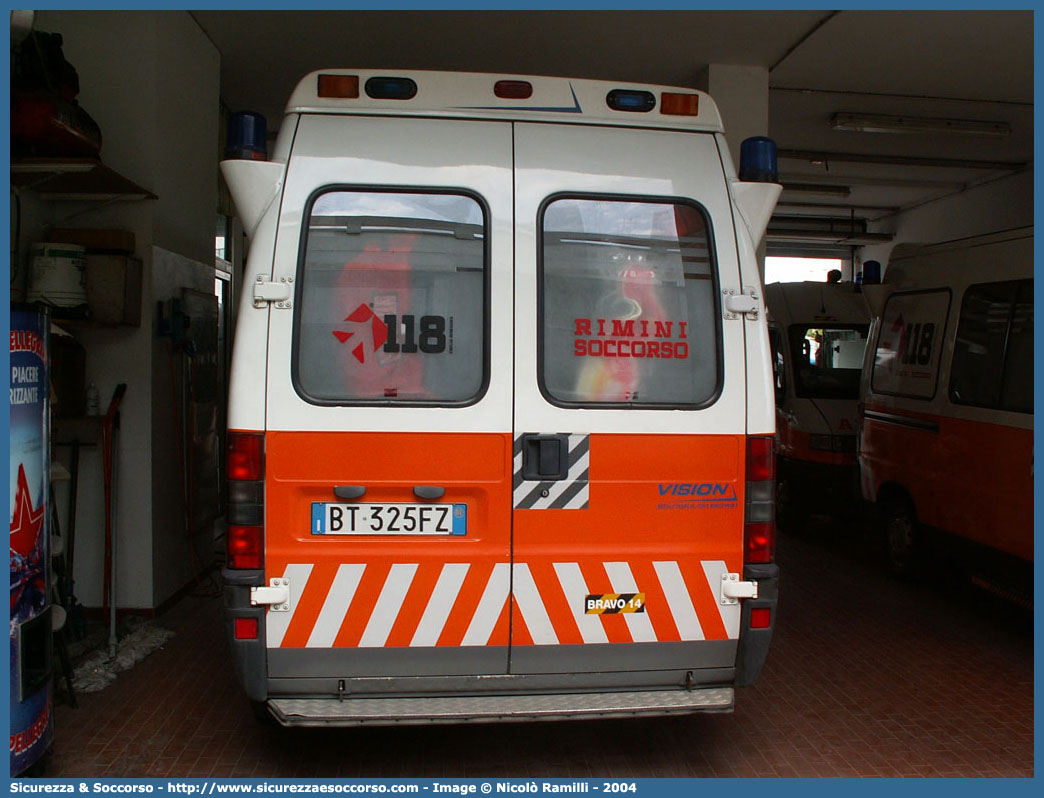 BRAVO 14
118 Romagna Soccorso
Ambito Territoriale di Rimini
Fiat Ducato II serie
Allestitore Vision S.r.l.
Parole chiave: 118;Romagna;Soccorso;Rimini;Ambulanza;Fiat;Ducato