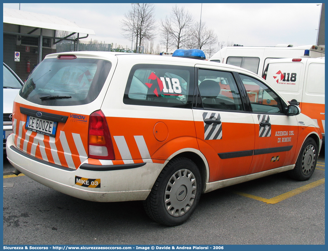 MIKE 03
118 Romagna Soccorso
Ambito Territoriale di Rimini
Ford Focus Station Wagon
Allestitore Vision S.r.l.
Parole chiave: 118;Romagna;Soccorso;Rimini;Automedica;Ford;Focus;Station;Wagon;Vision