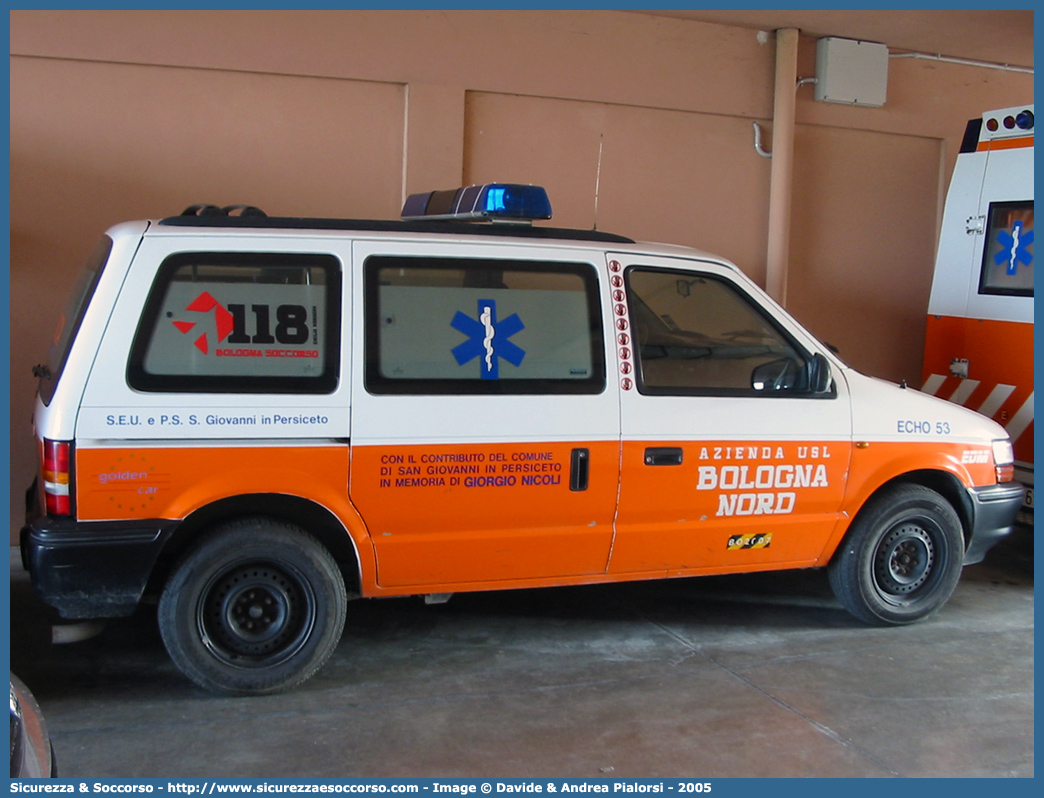 BO 2607
118 Bologna Soccorso
Chrysler Vojager I serie
Allestitore EDM S.r.l.
Parole chiave: 118;Bologna;Soccorso;Automedica;Chrysler;Vojager;EDM