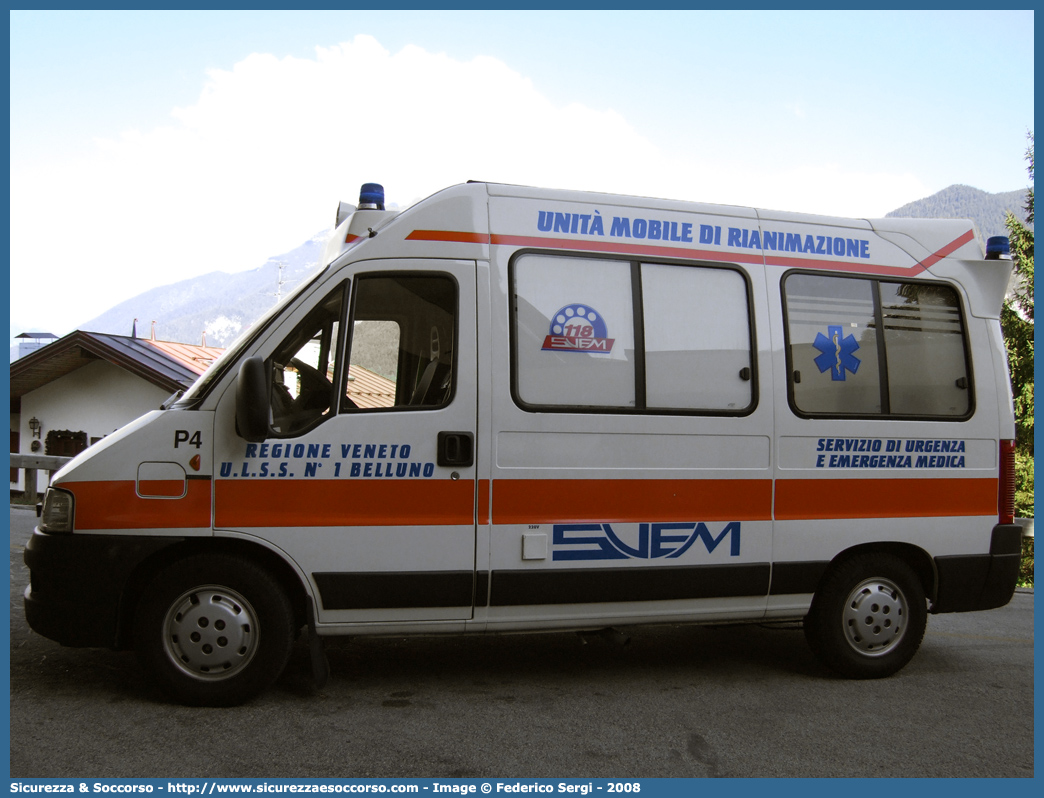 PAPA 4
SUEM 118 Belluno
Azienda ULSS 1 - Dolomiti
Pieve di Cadore
Fiat Ducato II serie restyling
Allestitore Bollanti S.r.l.
Parole chiave: 118;SUEM;S.U.E.M.;Belluno;Pieve di Cadore;Ambulanza;Fiat;Ducato;Bollanti