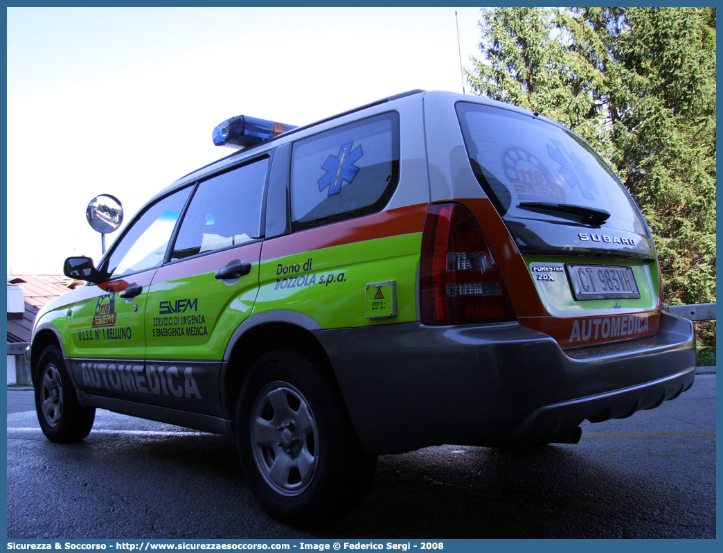 TANGO 1
SUEM 118 Belluno
Azienda ULSS 1 - Dolomiti
Pieve di Cadore
Subaru Forester III serie
Allestitore Aricar S.p.A.
Parole chiave: 118;SUEM;S.U.E.M.;Belluno;Pieve di Cadore;Automedica;Subaru;Forester;Aricar