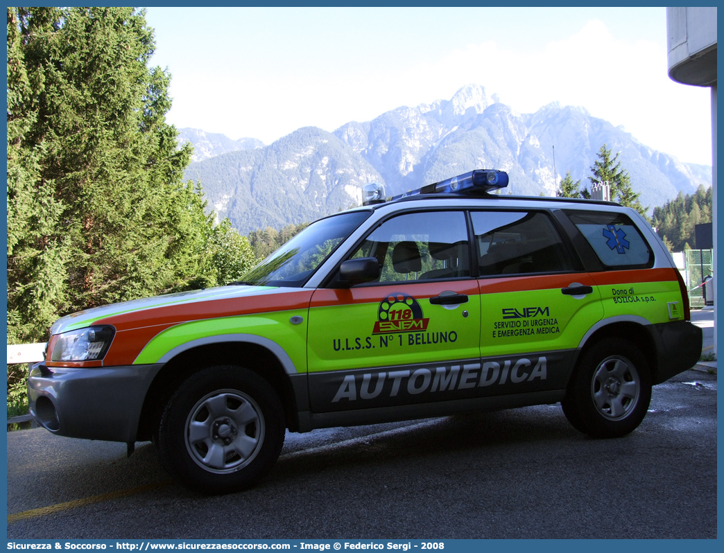 TANGO 1
SUEM 118 Belluno
Azienda ULSS 1 - Dolomiti
Pieve di Cadore
Subaru Forester III serie
Allestitore Aricar S.p.A.
Parole chiave: 118;SUEM;S.U.E.M.;Belluno;Pieve di Cadore;Automedica;Subaru;Forester;Aricar