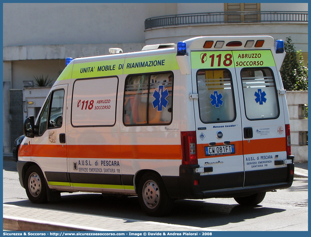 PE 17
118 Pescara
Fiat Ducato II serie restyling
Allestitore Mariani Fratelli S.r.l.
Parole chiave: 118;Pescara;Abruzzo;Soccorso;Ambulanza;Fiat;Ducato;Mariani Fratelli