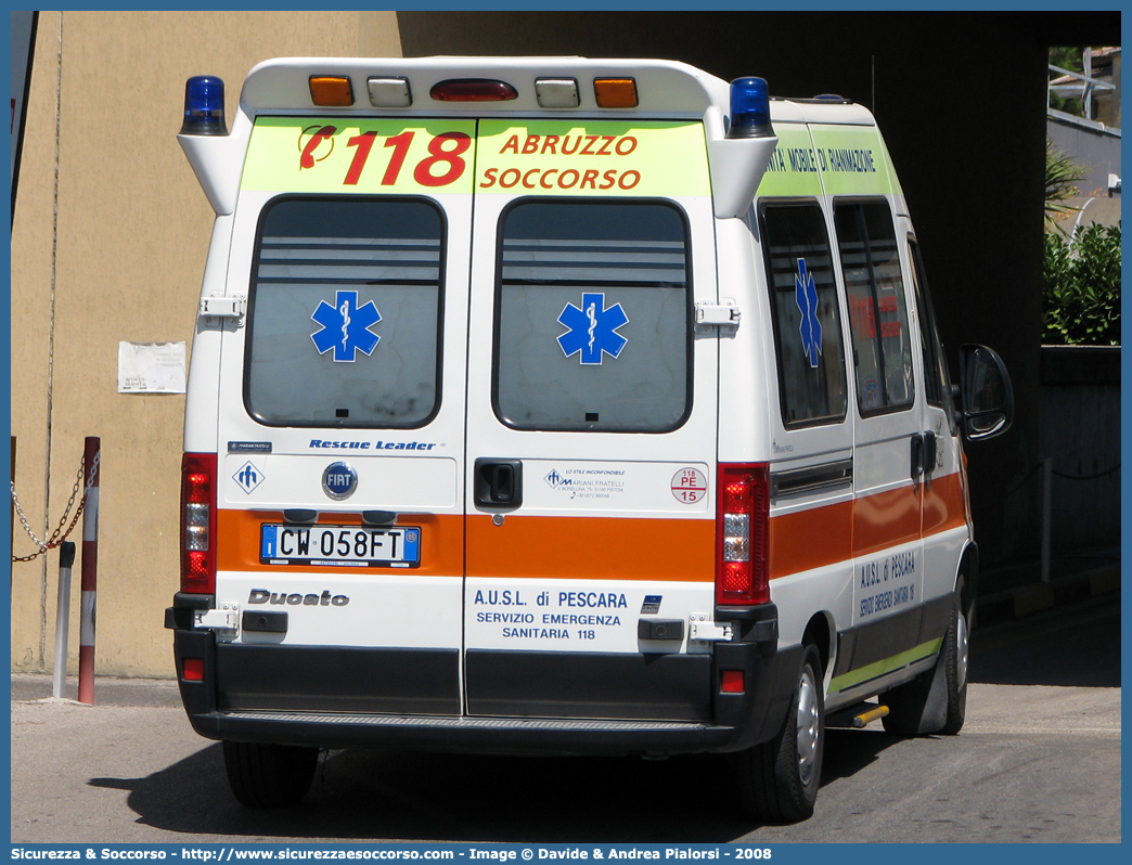 PE 15
118 Pescara
Fiat Ducato II serie restyling
Allestitore Mariani Fratelli S.r.l.
Parole chiave: 118;Pescara;Abruzzo;Soccorso;Ambulanza;Fiat;Ducato;Mariani Fratelli