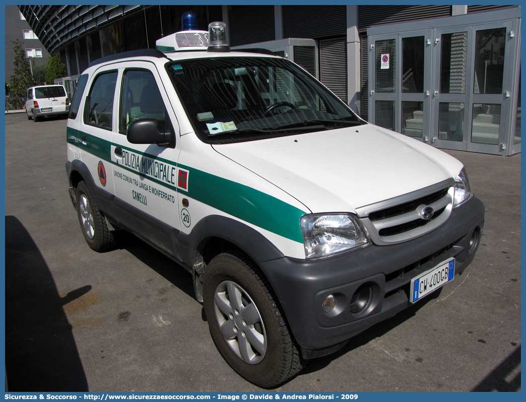 -
Polizia Municipale
Comune di Canelli
Nucleo Protezione Civile
Daihatsu Terios II serie
Parole chiave: Polizia;Locale;Municipale;Langa e Monferrato;Daihatsu;Terios;Protezione;Civile