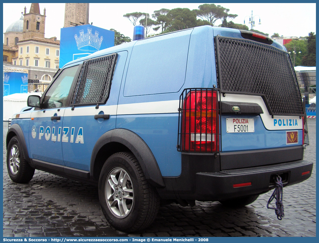 Polizia F5001
Polizia di Stato
Reparto Mobile
Land Rover Discovery 3
Allestitore Carrozzeria Marazzi S.p.A.
Parole chiave: F5001;PS;P.S.;Polizia di Stato;Reparto;Mobile;Ordine;Pubblico;Land Rover;Discovery;3