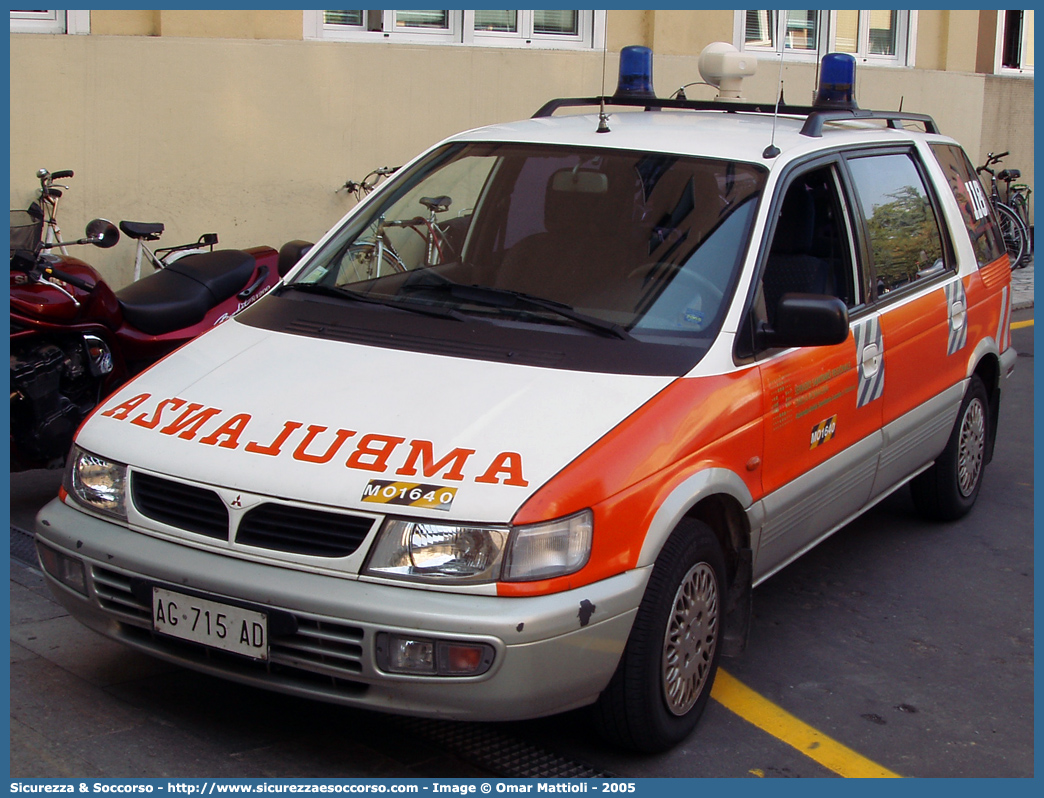 MO 1640
118 Modena Soccorso
Mitsubishi Space Wagon I serie
Allestitore Grazia
Parole chiave: 118;Modena;Soccorso;Automedica;Automedicalizzata;Auto Medica;Auto Medicalizzata;Mitsubishi;Space;Wagon;Grazia