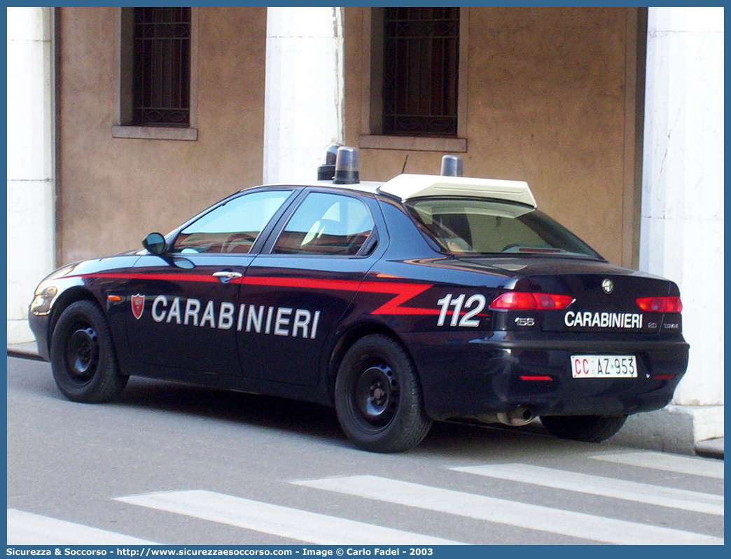 CC AZ953
Arma dei Carabinieri
Alfa Romeo 156 I serie
con sistema "Falco"
Parole chiave: CC;C.C.;Arma;dei;Carabinieri;Nucleo;Operativo;e;Radiomobile;Radio Mobile;NORM;N.O.R.M.;NRM;N.R.M.;Alfa;Romeo;156