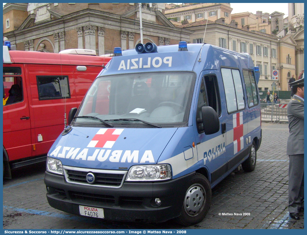 Polizia F4076
Polizia di Stato
Servizio Sanitario
Fiat Ducato II serie restyling
Allestitore Bollanti S.r.l.
Parole chiave: Polizia di Stato;Polizia;PS;Servizio Sanitario;Fiat;Ducato III serie;Ambulanza;Bollanti;F4076