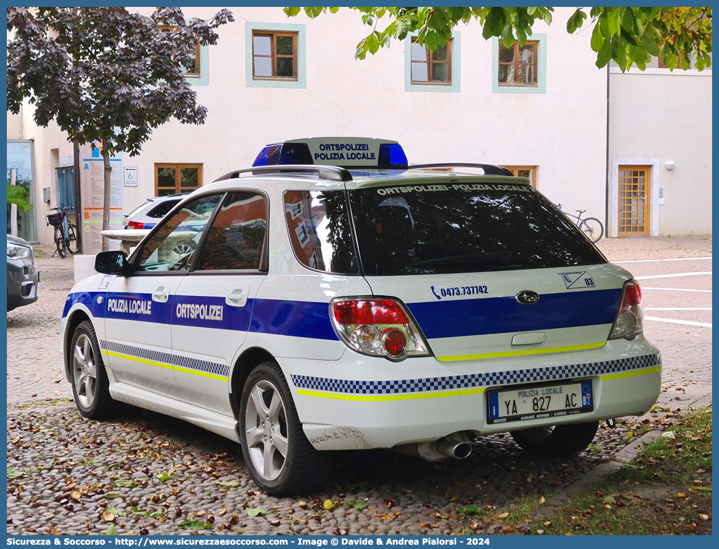 Polizia Locale YA827AC
Polizia Locale
Comune di Silandro
Subaru Impreza Wagon
II serie II restyling
Allestitore Bertazzoni S.r.l.
Parole chiave: Polizia;Locale;Municipale;Silandro;Schlanders;Subaru;Impreza;Wagon;SW;S.W.;Bertazzoni;YA827AC;YA 827 AC