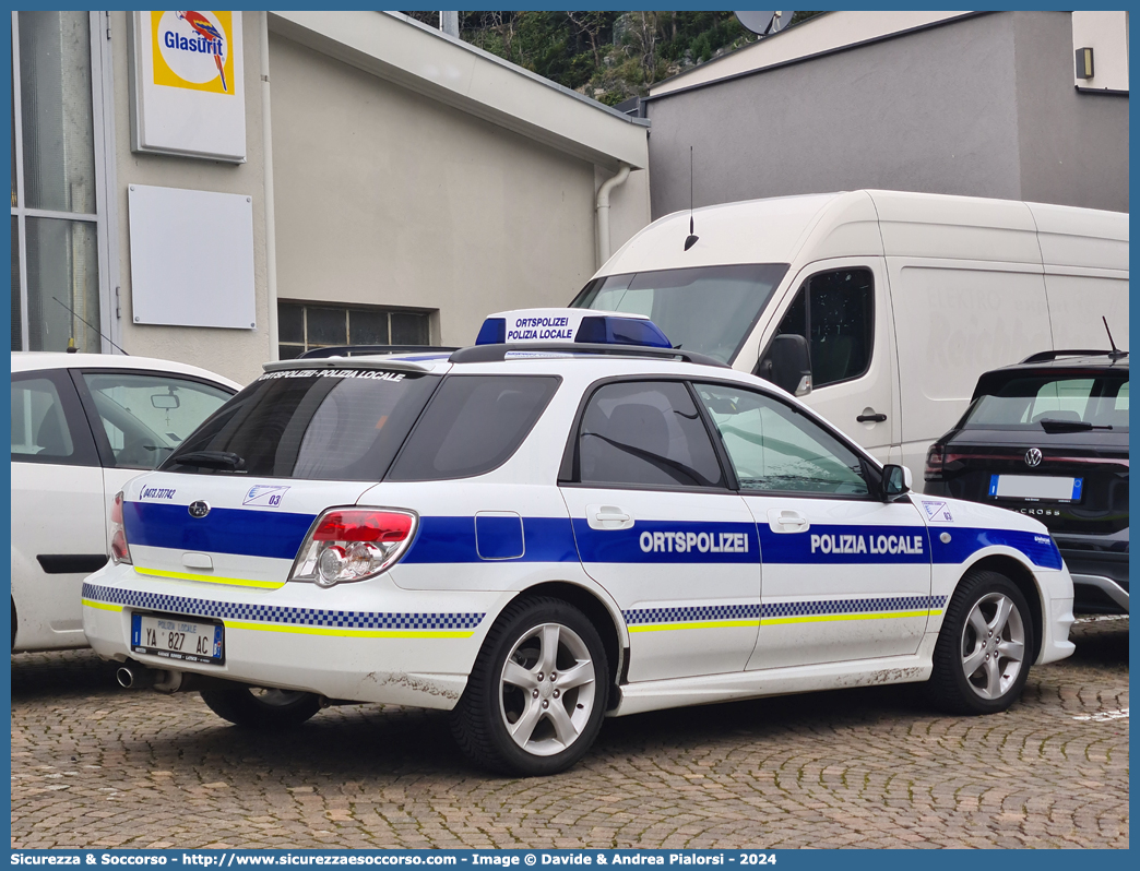 Polizia Locale YA827AC
Polizia Locale
Comune di Silandro
Subaru Impreza Wagon
II serie II restyling
Allestitore Bertazzoni S.r.l.
Parole chiave: Polizia;Locale;Municipale;Silandro;Schlanders;Subaru;Impreza;Wagon;SW;S.W.;Bertazzoni;YA827AC;YA 827 AC