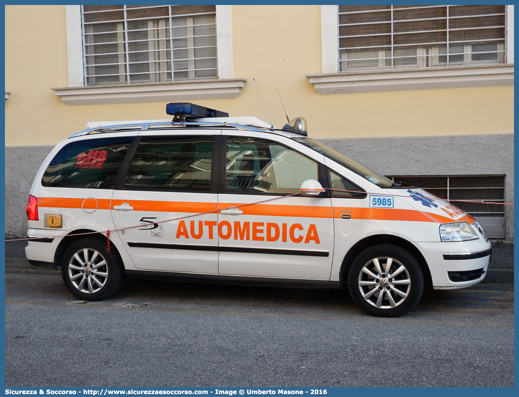 5985
118 Spezia Soccorso
Volkswagen Sharan III serie
Allestitore Alea Italia S.r.l.
Parole chiave: 118;Spezia;La Spezia;Soccorso;Automedica;Automedicalizzata;Auto Medica;Auto Medicalizzata;Volkswagen;Sharan;Alea