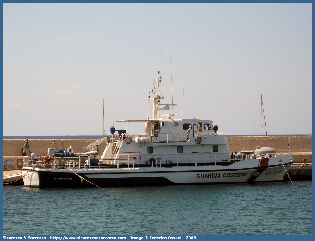 CP 408 "Mario Grabar"
Corpo delle Capitanerie di Porto
Guardia Costiera
Vedetta d'Altura Classe "Mazzinghi"
Parole chiave: Guardia;Costiera;Capitaneria;Capitanerie;Porto;Vedetta;Vedette;Altura;Classe;Mazzinghi;CP;C.P.;G.C.;GC;408;CP408;CP 408;Grabar;Mario