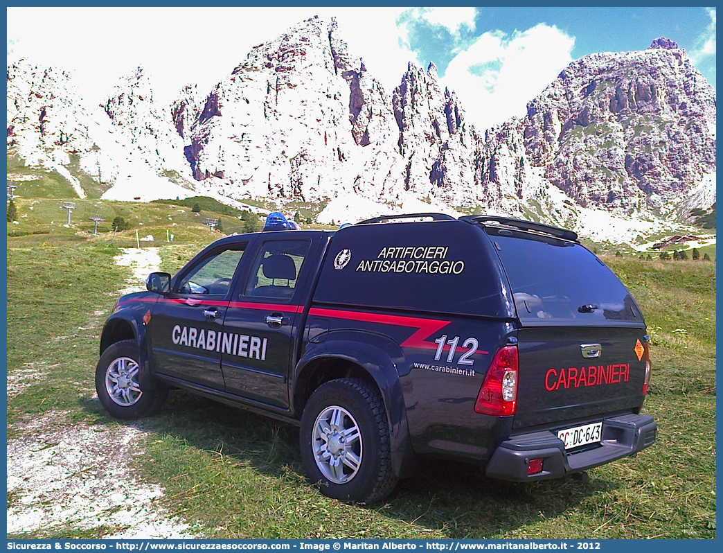 CC DC643
Arma dei Carabinieri
Artificieri Antisabotaggio
Isuzu D-Max I serie II restyling
Allestitore Maritan S.r.l.
Parole chiave: CC;C.C.;Arma;dei;Carabinieri;Artificieri;Antisabotaggio;Isuzu;D-Max;D - Max;Dmax;Maritan;Alberto