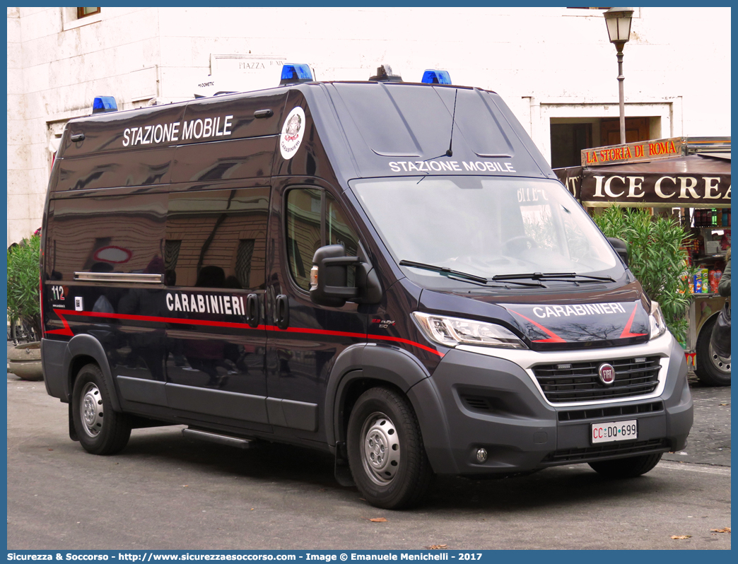 CC DQ699
Arma dei Carabinieri
Fiat Ducato III serie restyling
Allestitore Elevox S.r.l.
Parole chiave: CC;C.C.;Arma;Carabinieri;Fiat;Ducato;Stazione;Mobile;X290;Elevox