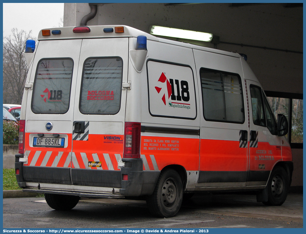 BO 0640
118 Bologna Soccorso
Fiat Ducato II serie restyling
Allestitore Vision S.r.l.
Parole chiave: 118;Bologna;Soccorso;Ambulanza;Fiat;Ducato;Vision