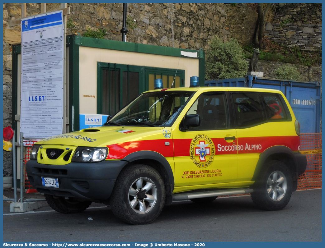 9-04
Corpo Nazionale
Soccorso Alpino e Speleologico
Delegazione Alpina
XXIII Liguria di Ponente
Stazione Tigullio - Val d'Aveto
Nissan Terrano II serie
Parole chiave: CNSAS;C.N.S.A.S.;Corpo;Nazionale;Soccorso;Alpino;Speleologico;Liguria;SASL;S.A.S.L.;XXIII;Liguria;Tigullio;Val d Aveto;Nissan;Terrano