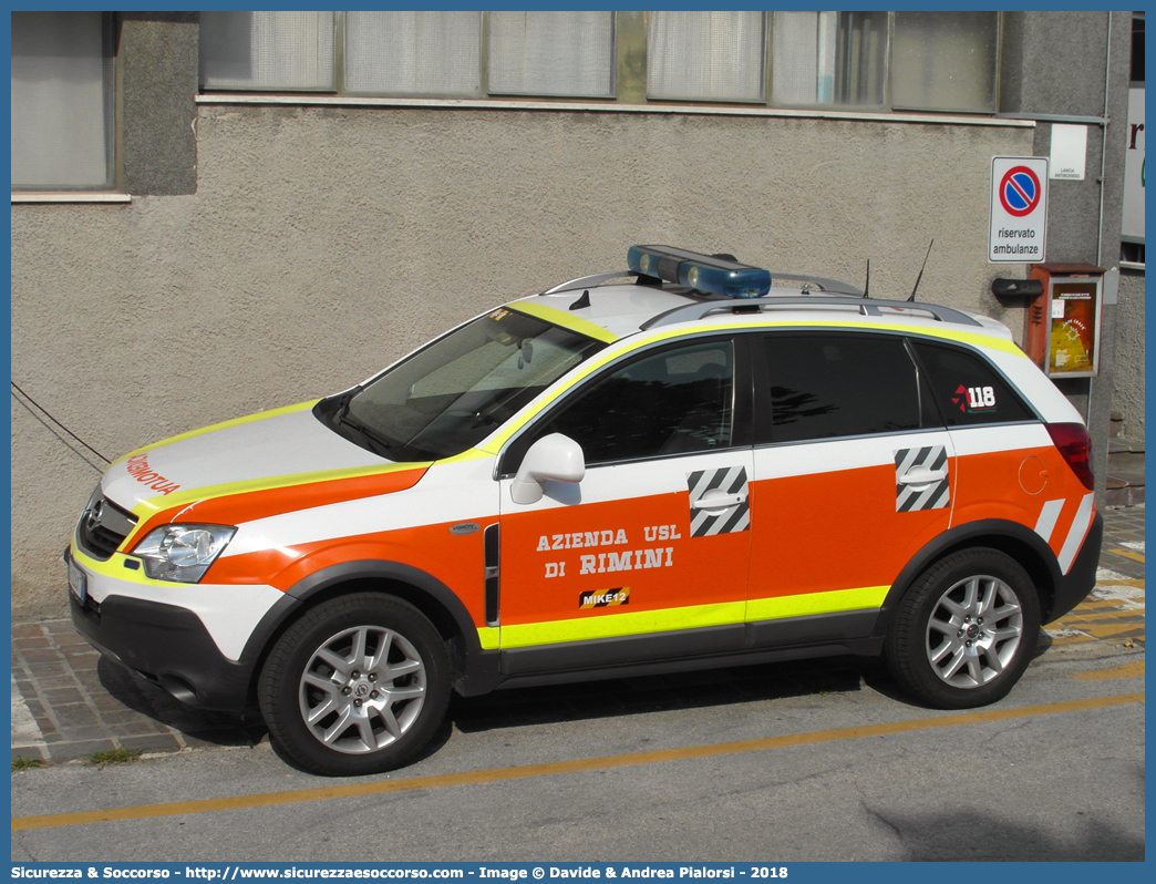 MIKE 12
118 Romagna Soccorso
Ambito Territoriale di Rimini
Opel Antara
Allestitore Vision S.r.l.
(variante)
Parole chiave: 118;Romagna;Soccorso;Rimini;Automedica;Automedicalizzata;Auto Medica;Auto Medicalizzata;Opel;Antara;Vision