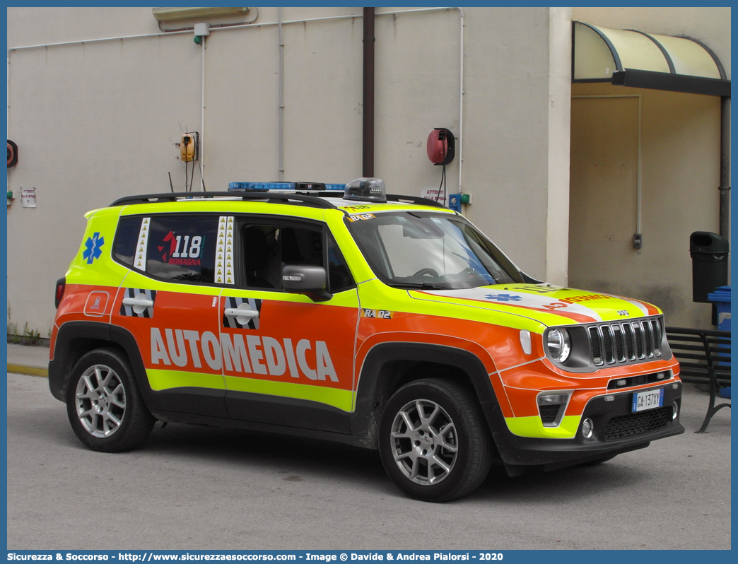 RA 02
118 Romagna Soccorso
Ambito Territoriale di Ravenna
Jeep Renegade I serie restyling
Allestitore Safety Car S.r.l.
Parole chiave: 118;Romagna;Ravenna;Soccorso;Automedica;Automedicalizzata;Auto Medica;Auto Medicalizzata;Jeep;Renegade;Safety Car;Orion