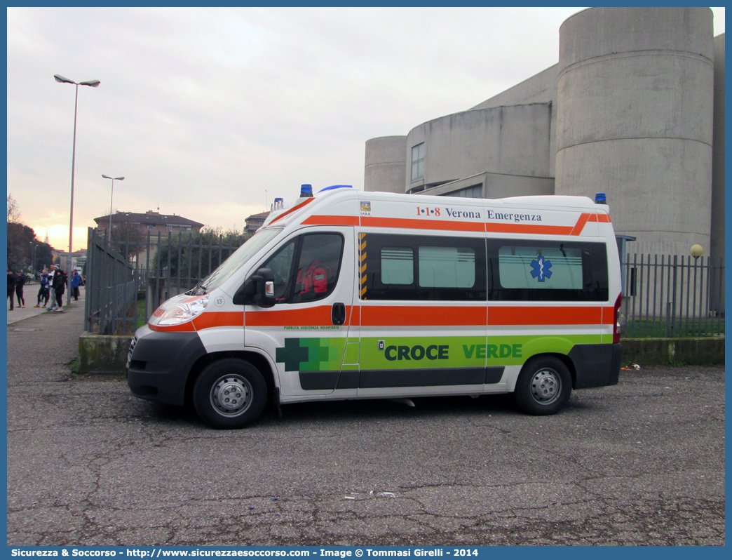 13
Croce Verde Verona
Fiat Ducato III serie
Allestitore Ambitalia S.p.A.
Parole chiave: Croce Verde;CV;C.V.;Verona;Pubblica;Assistenza;Ambulanza;Fiat;Ducato X250;Ambitalia