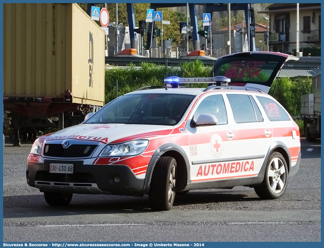 CRI 430AB
Croce Rossa Italiana
Chiavari, Cicagna, Cogorno (GE)
Skoda Octavia Wagon Scout III serie
Allestitore AVS S.a.s.
Parole chiave: CRI;C.R.I.;Croce Rossa Italiana;Automedica;Auto medica;Automedicalizzata;Auto medicalizzata;Chiavari;Cicagna;Cogorno;Skoda;Octavia;Wagon;Scout