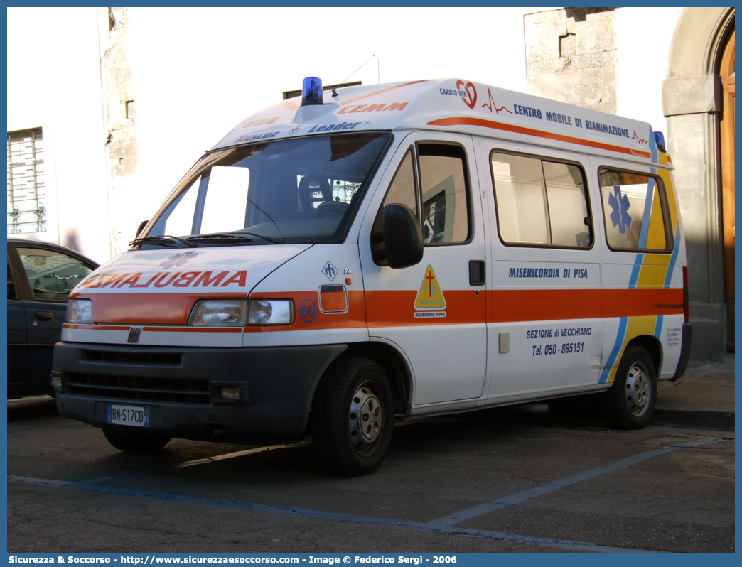 60
Misericordia di Pisa
Sezione di Vecchiano
Fiat Ducato II serie
Allestitore Mariani Fratelli S.r.l.
Parole chiave: Misericordie;Misericordia;Ambulanza;Autoambulanza;Pisa;Vecchiano;Fiat;Ducato;Mariani;Fratelli