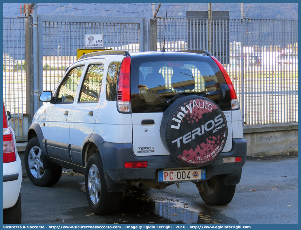 PC 004
Protezione Civile
Regione Autonoma Valle d'Aosta
Daihatsu Terios II serie
Parole chiave: PC;P.C.;Protezione;Civile;Regione;Autonoma;Valle;d&#039;Aosta;Daihatsu;Terios