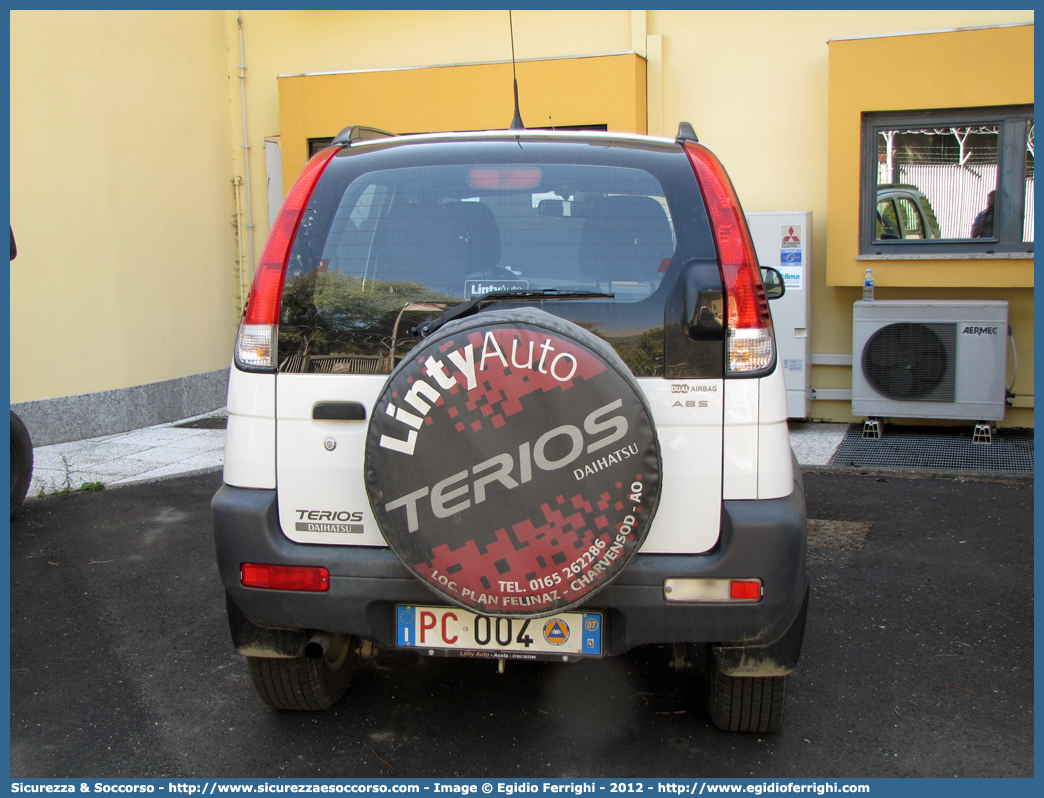 PC 004
Protezione Civile
Regione Autonoma Valle d'Aosta
Daihatsu Terios II serie
Parole chiave: PC;P.C.;Protezione;Civile;Regione;Autonoma;Valle;d&#039;Aosta;Daihatsu;Terios