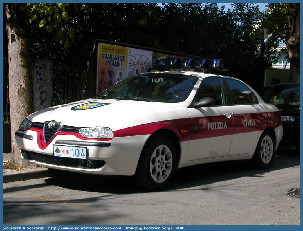 Polizia 104
Repubblica di San Marino
Polizia Civile
Alfa Romeo 156
Parole chiave: Repubblica;San Marino;RSM;R.S.M.;Polizia Civile;Alfa Romeo;156