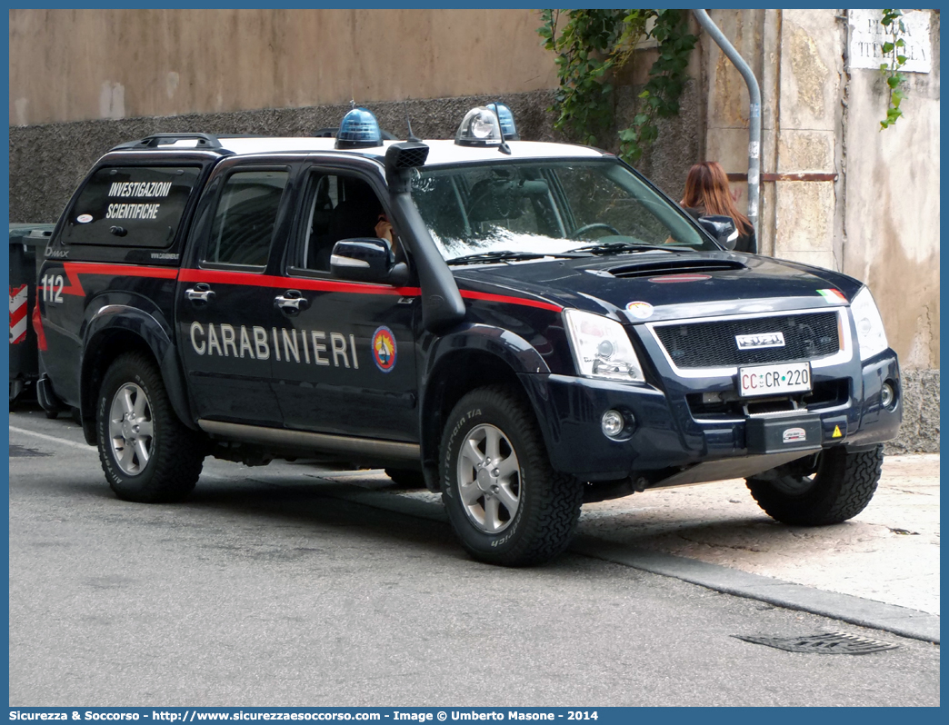 CC CR220
Arma dei Carabinieri
Raggruppamento Carabinieri
Investigazioni Scientifiche
Isuzu D-Max I serie I restyling
Allestitore Maritan S.r.l.
Parole chiave: CCCR220;Arma dei Carabinieri;Raggruppamento Carabinieri Investigazioni Scientifiche;RACIS;RIS;Isuzu D-Max II serie restyling