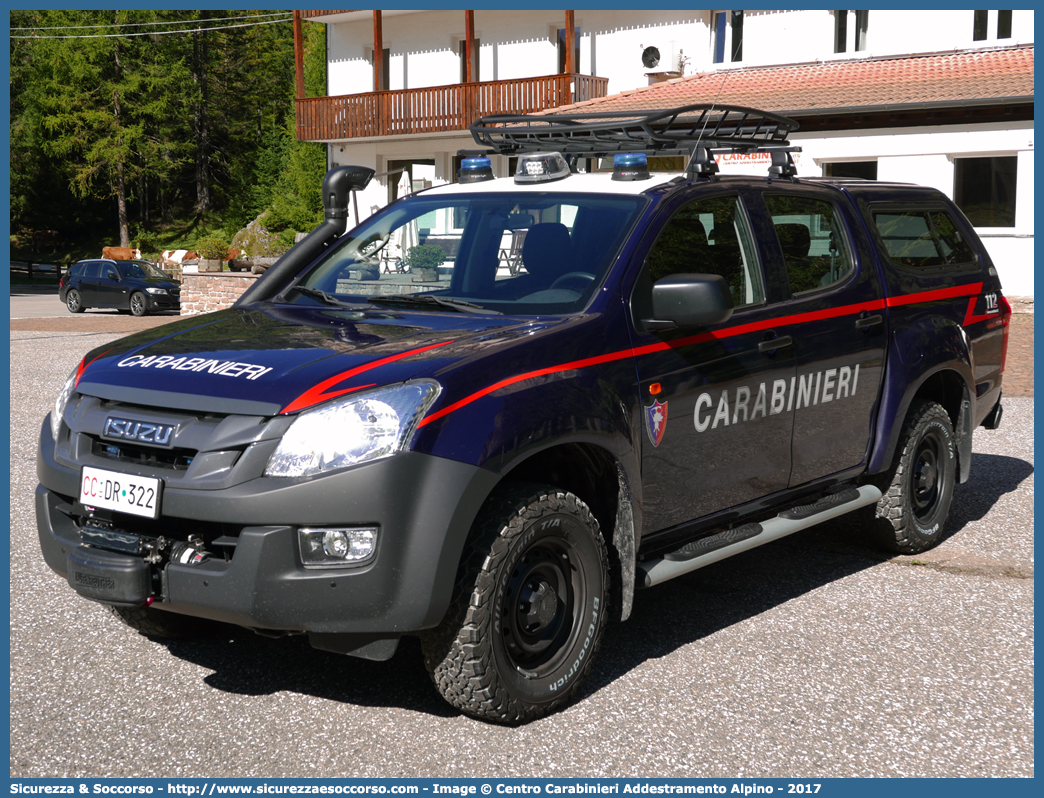 CC DR322
Arma dei Carabinieri
Isuzu D-Max II serie
Centro Carabinieri Addestramento Alpino
Allestitore Maritan S.r.l.
Parole chiave: CC;C.C.;Arma;dei;Carabinieri;Centro;Addestramento;Soccorso;Alpino;Maritan;Isuzu;D-Max;DMax