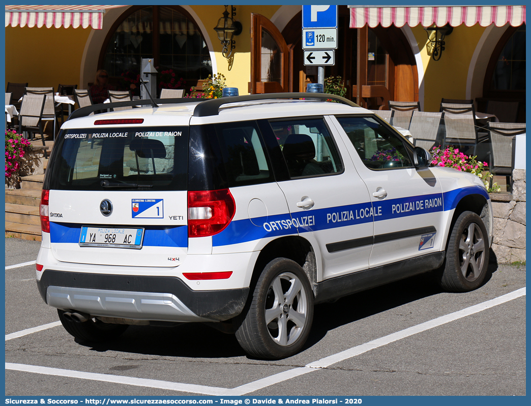 Polizia Locale YA968AC
Polizia Municipale
Comune di Santa Cristina
Skoda Yeti II serie
Parole chiave: PL;PM;P.L.;P.M.;Polizia;Locale;Municipale;Santa;Cristina;Christina;Valgardena;Skoda;Yeti