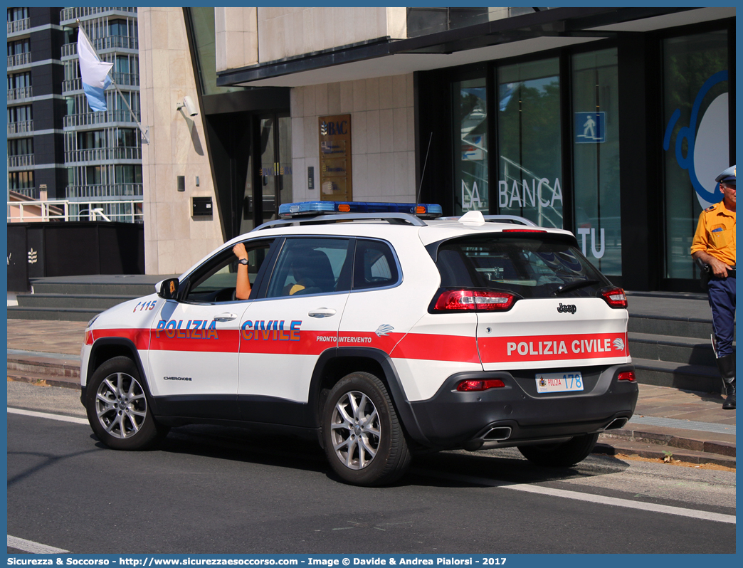 Polizia 178
Repubblica di San Marino
Polizia Civile
Jeep Cherokee V serie
Allestitore Promo.Com S.r.l.
Parole chiave: Repubblica;San Marino;RSM;R.S.M.;Polizia Civile;Jeep;Cherokee