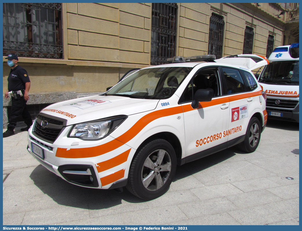 0894
118 Agenzia Regionale Emergenza Urgenza
Regione Lombardia
Subaru Forester VI serie
Allestitore Bertazzoni S.r.l.
Parole chiave: 118;AREU;A.R.E.U.;S.S.U.Em.;SSUEm;Lombardia;Automedica;Subaru;Forester;Bertazzoni