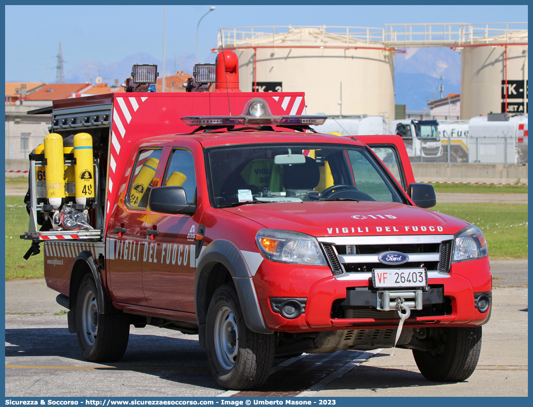 VF 26403
Corpo Nazionale Vigili del Fuoco
Nucleo Aeroportuale
Ford Ranger III serie
Allestitore Aris S.p.A.
Parole chiave: VVF;V.V.F.;Corpo;Nazionale;Vigili;del;Fuoco;Aeroportuale;Ford;Ranger;ArisFire;Aris;Fire;ROS;R.O.S.;Responsabile;Operazioni;Soccorso