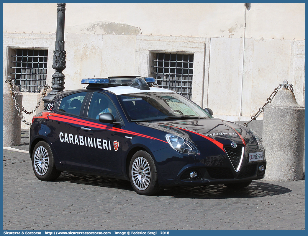 CC DR267
Arma dei Carabinieri
Alfa Romeo Nuova Giulietta
I serie II restyling
Allestitore Nuova Carrozzeria Torinese S.r.l.
(I fornitura)
Parole chiave: CC;C.C.;Arma;dei;Carabinieri;Alfa;Romeo;Nuova;Giulietta;Nuova;Carrozzeria;Torinese;NCT;N.C.T.