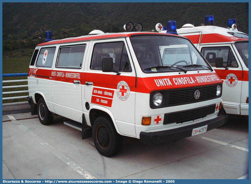 CRI A2979
Croce Rossa Italiana
Alto Adige - Südtirol
Volkswagen Transporter T3
Unità Cinofila - Hundestaffel
Parole chiave: CRI;C.R.I.;Croce Rossa Italiana;Cinofili;Unità;Cinofila;Cinofile;Soccorsi;Speciali;Volkswagen;Transporter;T3