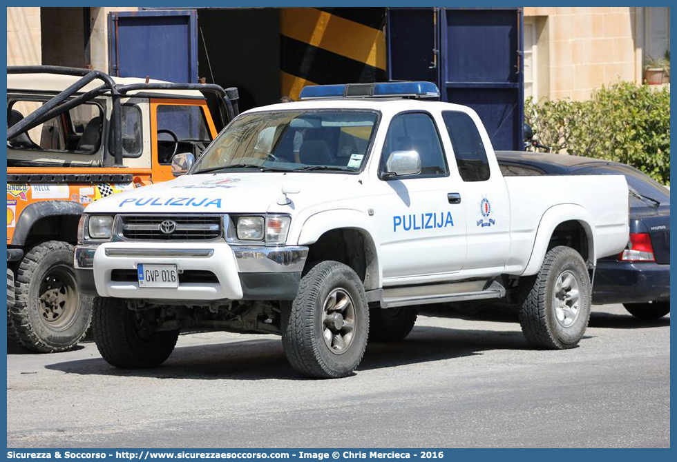 GVP 016
Repubblika ta' Malta
Pulizija
Toyota Hilux VI generation
Parole chiave: Repubblica;Maltese;Repubblika ta&#039;Malta;Pulizija;Toyota;Hilux