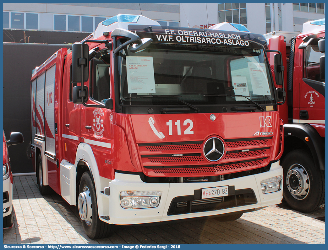 VF 27D BZ
Vigili del Fuoco Volontari Oltrisarco-Aslago
Freiwillige Feuerwehr Oberau-Haslach
Mercedes-Benz Atego 1530 
Allestitore Kofler Fahrzeugbau S.n.c.
Parole chiave: VF;VFV;V.F.;V.F.V.;Vigili;Fuoco;Volontari;Freiwillige;Feuerwehr;Oltrisarco;Aslago;Oberau;Haslach;Mercedes;Benz;Atego;1530;Kofler;Fahrzeugbau