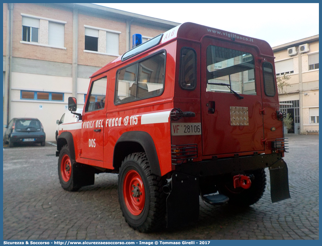 VF 28106
Corpo Nazionale Vigili del Fuoco
Servizio Antincendio Boschivo
Land Rover Defender 90
(variante)
Parole chiave: VVF;V.V.F.;Corpo;Nazionale;Vigili;del;Fuoco;AIB;A.I.B.;Servizio;Antincendio;Boschivo;Land Rover;Defender;90