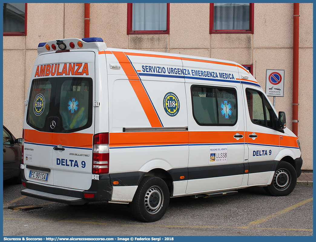 DELTA 9
SUEM 118 Vicenza
Azienda ULSS 8 - Berica
Mercedes Benz Sprinter II serie restyling
Allestitore MAF S.n.c.
Parole chiave: 118;SUEM;S.U.E.M.;Vicenza;Ambulanza;Autoambulanza;Mercedes;Benz;Sprinter;MAF;M.A.F.