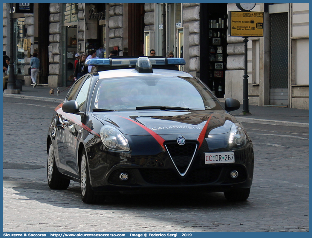 CC DR267
Arma dei Carabinieri
Alfa Romeo Nuova Giulietta
I serie II restyling
Allestitore Nuova Carrozzeria Torinese S.r.l.
(I fornitura)
Parole chiave: CC;C.C.;Arma;dei;Carabinieri;Alfa;Romeo;Nuova;Giulietta;Nuova;Carrozzeria;Torinese;NCT;N.C.T.