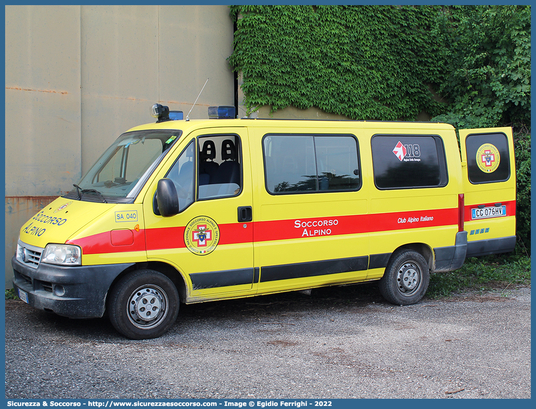 SA 040
Corpo Nazionale
Soccorso Alpino e Speleologico
Delegazione Alpina
XXV Emilia Romagna
Fiat Ducato II serie restyling
Parole chiave: CNSAS;C.N.S.A.S.;Corpo;Nazionale;Soccorso;Alpino;Speleologico;Emilia;Romagna;SAER;S.A.E.R.;Fiat;Ducato