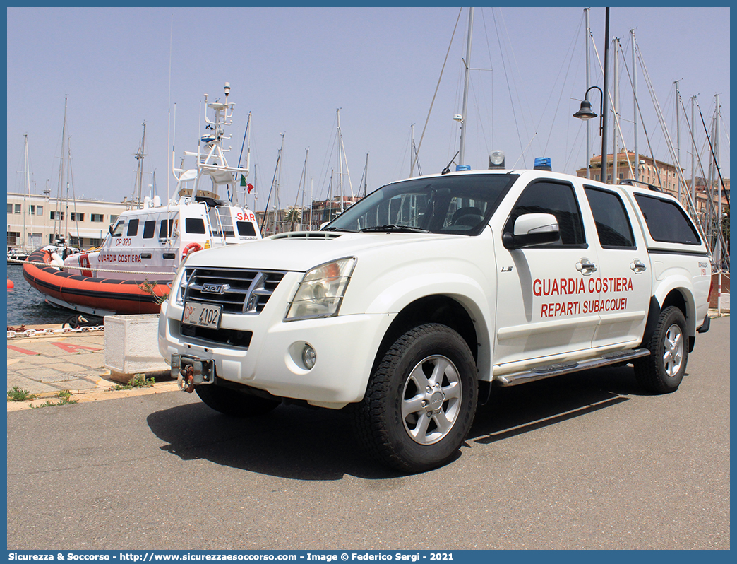 CP 4102
Corpo delle Capitanerie di Porto
Guardia Costiera
Reparti Subacquei
Isuzu D-Max I serie I restyling
Parole chiave: CP;C.P.;GC;G.C.;Guardia;Costiera;Capitaneria;Capitanerie;di;Porto;Reparto;Subacquei;Isuzu;D-Max;DMax