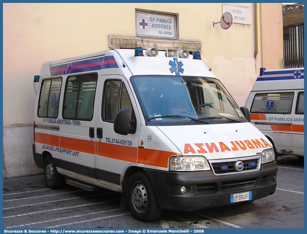 PA 17
O.P. Pubblica Assistenza Terni ODV
Fiat Ducato II serie restyling
Parole chiave: O.P.;OP;P.A.;PA;Opera;Pia;Pubblica;Assistenza;Terni;Fiat;Ducato;Ambulanza;Autoambulanza